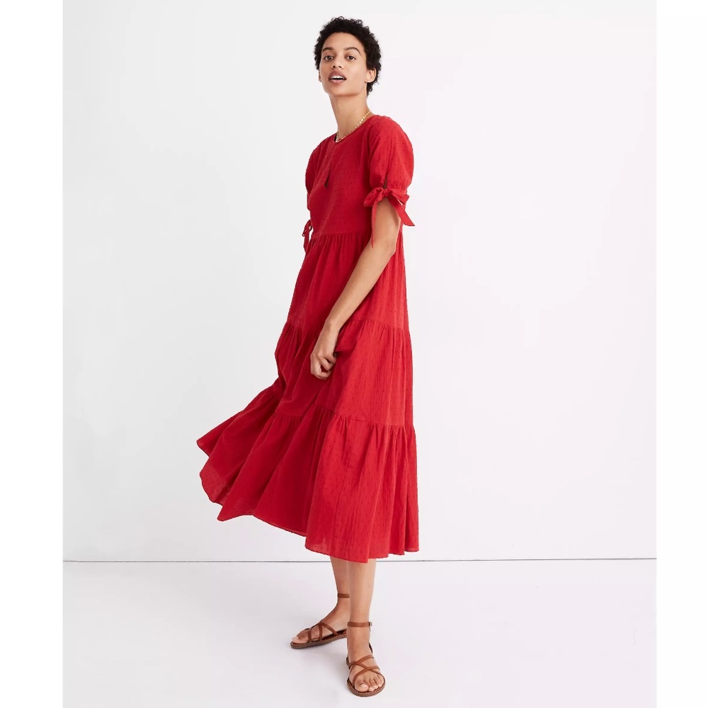 NWT Madewell Tie-Sleeve Tiered Midi Dress in Swiss Dot